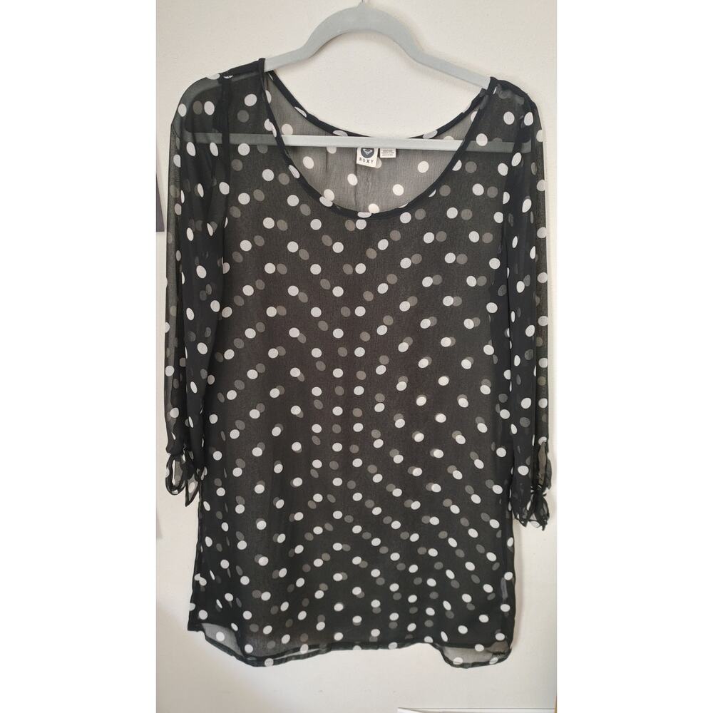 ROXY Blouse Top Semi Sheer Polka Dot Black White Medium